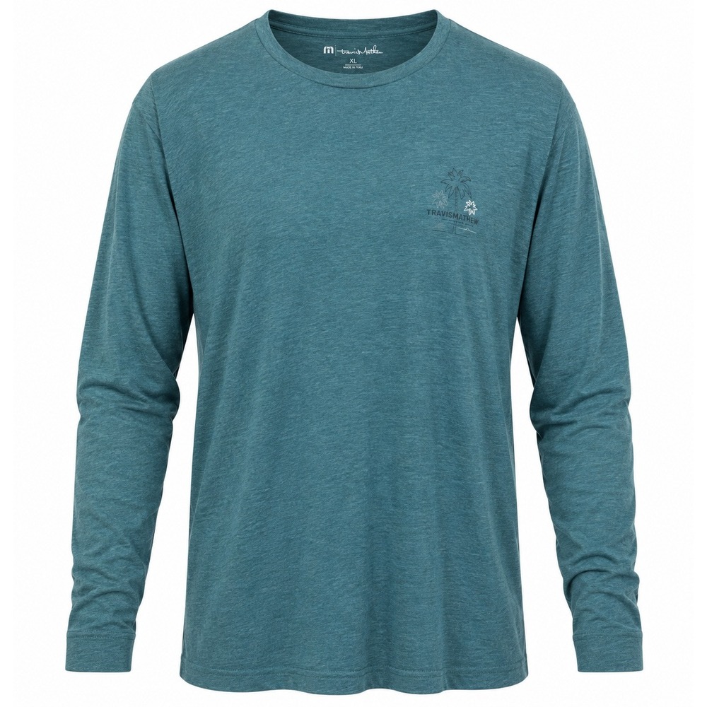 TravisMathew Mens XL Long Sleeve Graphic T-Shirt‎ Teal Blue Palm Tree